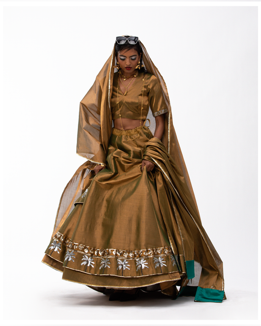 Golden Lehenga with Elephant Crystal Blouse Set